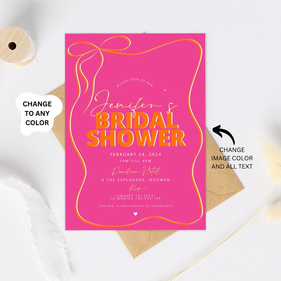 Bridal shower invitation Orange Pink wave invitation, Bridal shower invitation template, Pretty Bow Pink and Orange Bridal Shower invite Hen