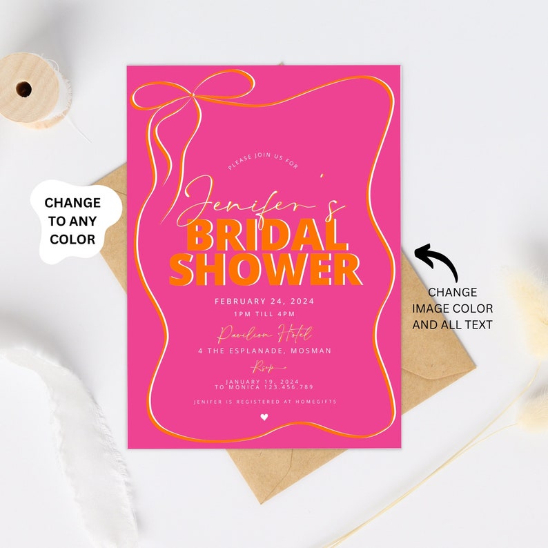 Bridal shower invitation Orange Pink wave invitation, Bridal shower invitation template, Pretty Bow Pink and Orange Bridal Shower invite Hen image 1