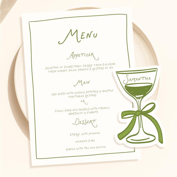 Green Cocktail Place Cards and menu Template, Whimsical drink PlaceCard with menu, Editable Table menu, Fancy Bridal shower placecard
