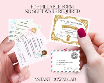 Print-at-home - Mini Tooth Fairy set/certificate & envelope - First tooth- Personalise NO software required - Editable PDF Instant Download