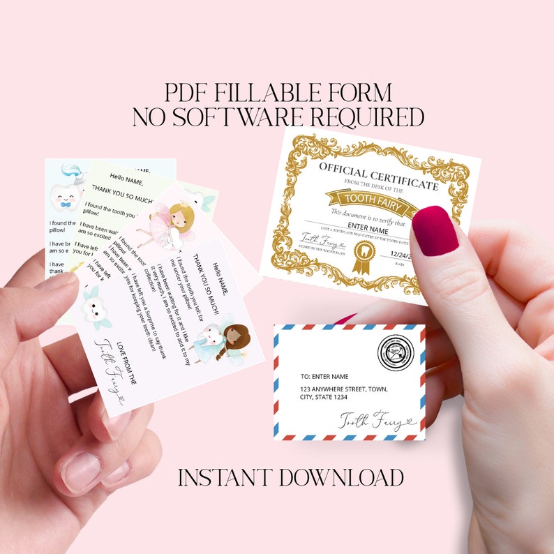 May include: Printable tooth fairy certificate and note cards. The certificate is gold with a tooth and ribbon design. The note cards are pink and blue with a tooth fairy illustration. The text on the certificate reads "Official Certificate from the Desk of the Tooth Fairy". The text on the note cards reads "Thank you so much!" and "Love from the Tooth Fairy".