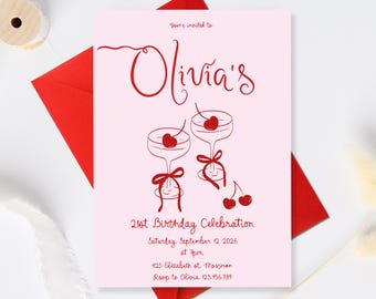 Cherry 21st Birthday Invitation, Whimsical Twenty One Birthday Invite, Pink Adult Party Invitation Drawn red 21st Birthday martini cocktail