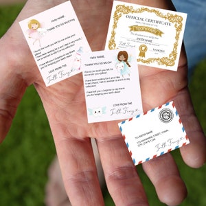 May include: A set of four tooth fairy notes with a certificate, a letter, and two thank you notes. The notes are decorated with illustrations of fairies and teeth. The certificate is gold with a tooth fairy graphic and the text "Official Certificate from the Realm of the Tooth Fairy". The notes include the text "Love from the Tooth Fairy".