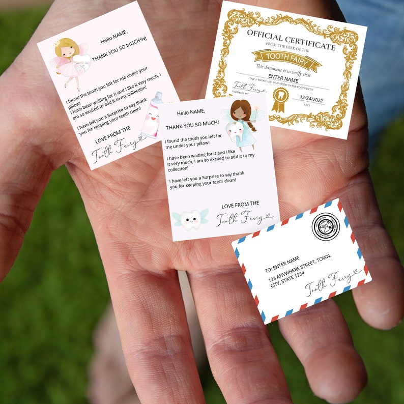 May include: A set of four tooth fairy notes with a certificate, a letter, and two thank you notes. The notes are decorated with illustrations of fairies and teeth. The certificate is gold with a tooth fairy graphic and the text "Official Certificate from the Realm of the Tooth Fairy". The notes include the text "Love from the Tooth Fairy".