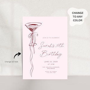 May include: A pink invitation card with a burgundy cocktail glass illustration and the text "Sarah's 30th Birthday." The card includes details: June 22, 2024, at 3 PM, 105 South Corner, Mosman, and RSVP information.