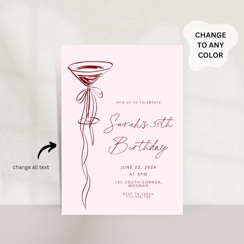 May include: A pink invitation card with a burgundy cocktail glass illustration and the text "Sarah's 30th Birthday." The card includes details: June 22, 2024, at 3 PM, 105 South Corner, Mosman, and RSVP information.