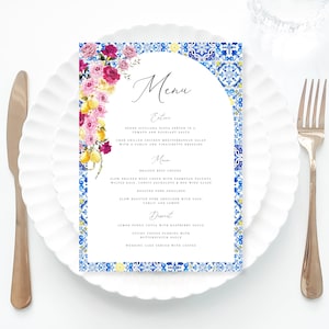 Lemon bridal shower Menu Template printable, Spanish tile wedding menu lemon Spritz, Amalfi coast wedding menu lemons
