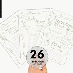 Baby shower games - Predictions and Advice Baby Shower Games, Whimsical green bow Border Template Editable Baby Shower game drawn baby bingo