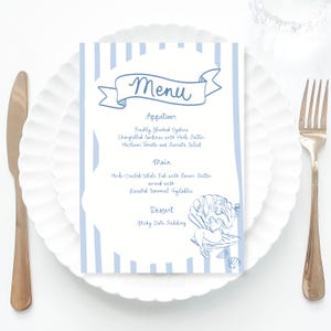 May include: A menu card with a blue and white striped design, displaying the word "Menu" in a banner. The menu details appetizers, main courses, and dessert choices. A mermaid illustration is at the bottom.