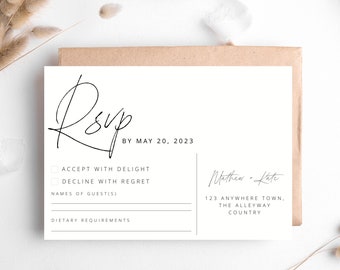 Wedding RSVP card template, RSVP card template, simple wedding response, black & white minimalist handwriting style RSVP, editable download