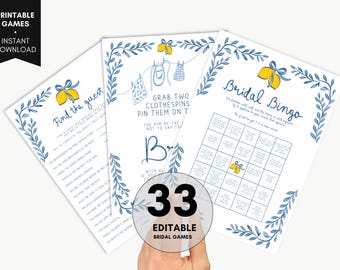 Lemons Bridal Shower Games Bundle, 33 Editable Italian Bridal Shower Games Bundle, Citrus Bridal Shower Games, Mediterranean whimsical games