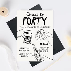 May include: Black and white illustration of a party invitation for a 40th birthday. The invitation features a glass of whisky, a bottle of beer, and a record with the text "The Ultimate Playlist". The text on the invitation reads "Cheers to Forty", "Join us in Burning Up the Hits for Matt's 40th!" and "Party Starts at 7PM".