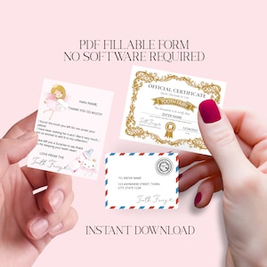 May include: Printable tooth fairy certificate template with a gold border and a tooth fairy illustration. The certificate includes the text "Official Certificate from the Desk of the Tooth Fairy" and "This document is to verify that..." with space to enter the child's name and date. The certificate is on a white background.