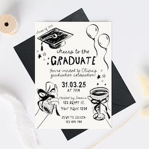Graduation Party Invitation Template, Editable Graduation Announcement Invite, Hand drawn graduation hat invite, Graduation Party Template