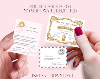 Print-at-home - Mini Tooth Fairy set/certificate & envelope - First tooth- Personalise NO software required - Editable PDF Instant Download