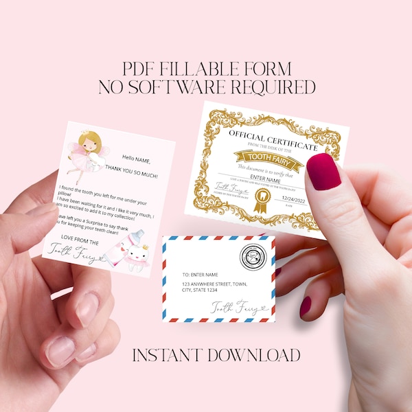 Print-at-home - Mini Tooth Fairy set/certificate & envelope - First tooth- Personalise NO software required - Editable PDF Instant Download