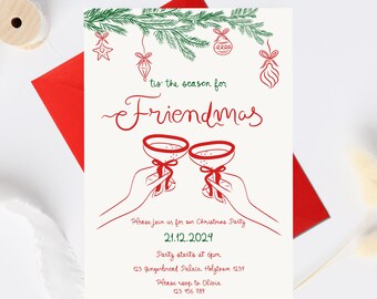 Puede incluir: Una invitación a una fiesta de Navidad roja y verde con una ilustración festiva de dos copas de champán y el texto "tis' the season for Friendmas". La invitación incluye la fecha "21.12.2024", la hora "6pm", la dirección "123 Gingerbread Palace, Holytown 1234" y la información de RSVP.