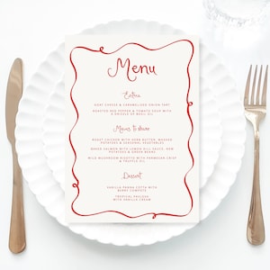 Red Wedding Menu Template printable, Hand drawn line art illustrated wedding party food menu, Engagement menu scribble wave border whimsical