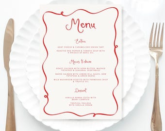 Red Wedding Menu Template printable, Hand drawn line art illustrated wedding party food menu, Engagement menu scribble wave border whimsical