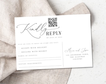 Wedding RSVP card template, modern QR wedding response, minimalist printable rsvp, rsvp insert card, upload QR code, editable download