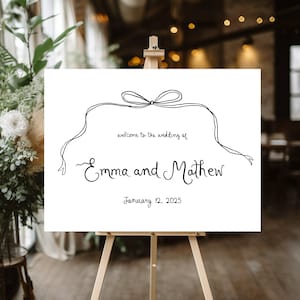 Hand Drawn Wedding Welcome Sign Template, Whimsical wedding sign ever after Reception Sign, Modern Illustrated wedding Decor drawn bow art