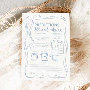 Predictions and Advice Baby Shower Games, Whimsical Blue Beige bow Border Template Editable Baby Shower, blue baby shower game drawn bow