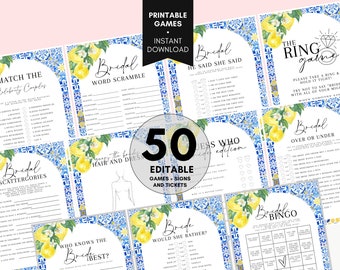 Blue Tiles and Lemons Bridal Shower Games Bundle, 50 Editable Italian Bridal Shower Games Bundle, Citrus Bridal Shower Games, Mediterranean