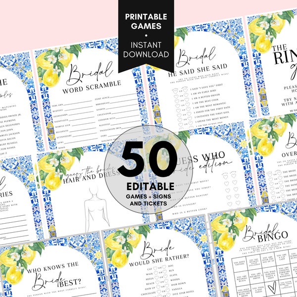 Blue Tiles and Lemons Bridal Shower Games Bundle, 50 Editable Italian Bridal Shower Games Bundle, Citrus Bridal Shower Games, Mediterranean