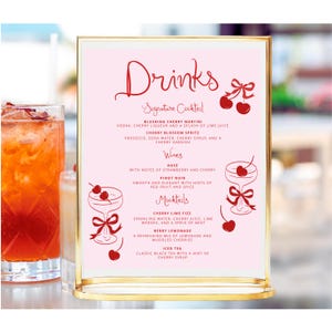 Cherry on top Drinks Menu Template printable, Cherry on top bridal Bar Menu, Drinks wedding menu drawn, whimsical bridal shower drinks menu