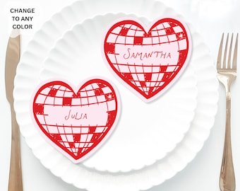 Pink Heart Disco Ball Place Cards Template, Whimsical PlaceCard, Disco Place Card, New years Fancy Bridal shower placecard, disco Hens card