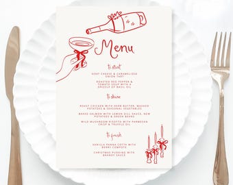 Christmas Menu Template printable, Hand drawn line art Christmas food menu red, Whimsical menu scribble, Holiday Menu Template Printable