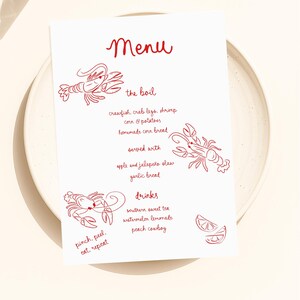 Whimsical Crawfish boil Menu Template printable, Hand drawn line art illustrated crawfish party food menu, seafood menu scribble menu icons