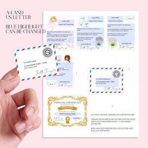 May include: A printable set of tooth fairy letter templates with a blue highlight. The set includes a certificate, letter, and envelope. The certificate is gold with a tooth fairy graphic and the text "Official Certificate from the Tooth Fairy". The letter has a blue background with a tooth fairy graphic and the text "Thank you so much". The envelope has a red, white, and blue design with the text "Tooth Fairy".