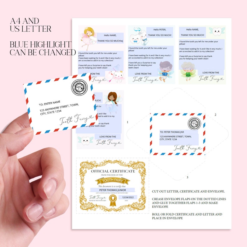 May include: A printable set of tooth fairy letter templates with a blue highlight. The set includes a certificate, letter, and envelope. The certificate is gold with a tooth fairy graphic and the text "Official Certificate from the Tooth Fairy". The letter has a blue background with a tooth fairy graphic and the text "Thank you so much". The envelope has a red, white, and blue design with the text "Tooth Fairy".