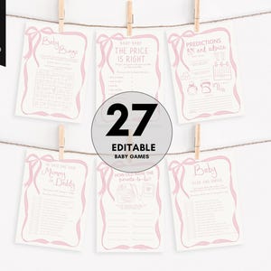Baby shower games - Predictions and Advice Baby Shower Games, Whimsical pink bow Border Template Girl Baby Shower game drawn baby bingo