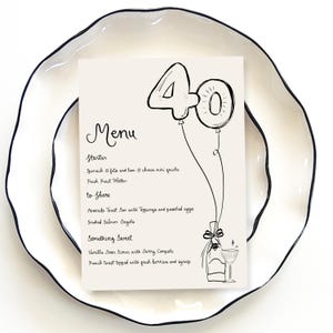 40th birthday Menu Template printable, Hand drawn dinner menu for 40th party food menu cheers to forty menu 40 balloons, forty and naughty
