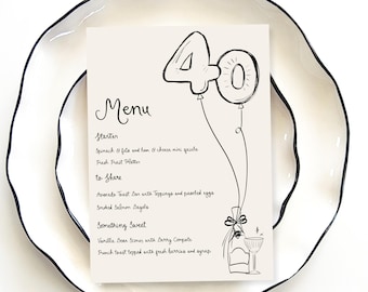 May include: A black and white menu card with the number 40 in balloons at the top. The menu includes a starter, items to share, and something sweet. The text reads: "Menu, Starter, Spinach & feta and ham & cheese mini quiche, Fresh Fruit Platter, to Share, Avocado Toast Bar with Toppings and poached eggs, Smoked Salmon Bagels, Something Sweet, Vanilla Bean Scones with Berry Compote, French toast topped with fresh berries and syrup."