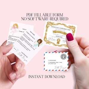 May include: Two printable tooth fairy certificates with a gold and white design. The first certificate is a letter from the tooth fairy with a pink and blue fairy illustration. The second certificate is an official certificate with a gold border and a tooth illustration. The text on the certificates is editable.