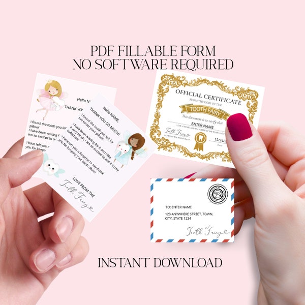 Print-at-home - Mini Tooth Fairy set/certificate & envelope - First tooth- Personalise NO software required - Editable PDF Instant Download