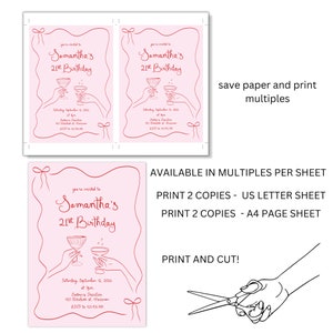 May include: Printable 21st birthday party invitation with a pink background and red text. The invitation features a hand-drawn illustration of two glasses of champagne and the text "you're invited to Samantha's 21st Birthday".