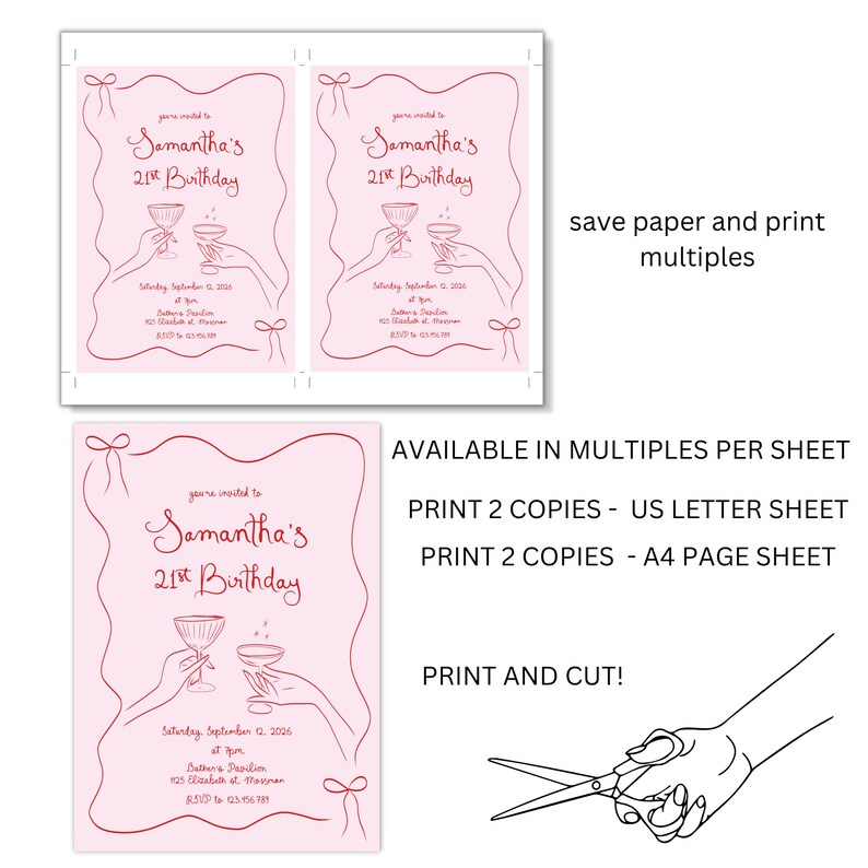 May include: Printable 21st birthday party invitation with a pink background and red text. The invitation features a hand-drawn illustration of two glasses of champagne and the text "you're invited to Samantha's 21st Birthday".