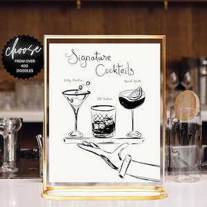 Drink Bar Menu Template printable, Hand drawn line art illustrated bar menu, Wedding menu signature drinks menu Editable scribble menu style