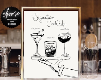 Drink Bar Menu Template printable, Hand drawn line art illustrated bar menu, Wedding menu signature drinks menu Editable scribble menu style