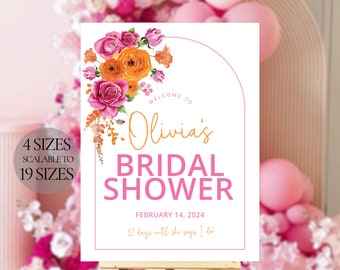 Bridal Shower Welcome Sign Pink and Orange Flower Roses, Bridal Welcome Sign Template, Editable Welcome, Bridal Shower Decor Et100