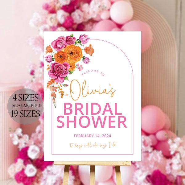 Bridal Shower Welcome Sign Pink and Orange Flower Roses, Bridal Welcome Sign Template, Editable Welcome, Bridal Shower Decor Et100