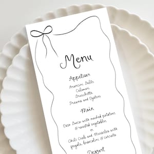 Wedding Menu Template printable, Hand drawn line art illustrated wedding menu, Modern wedding menu hand drawn bow scribble menu French style