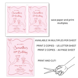 May include: Printable 25th birthday party invitation with a pink background and red text. The invitation features a hand-drawn illustration of two hands holding champagne glasses. The text reads "You're invited to Samantha's 25th Birthday".