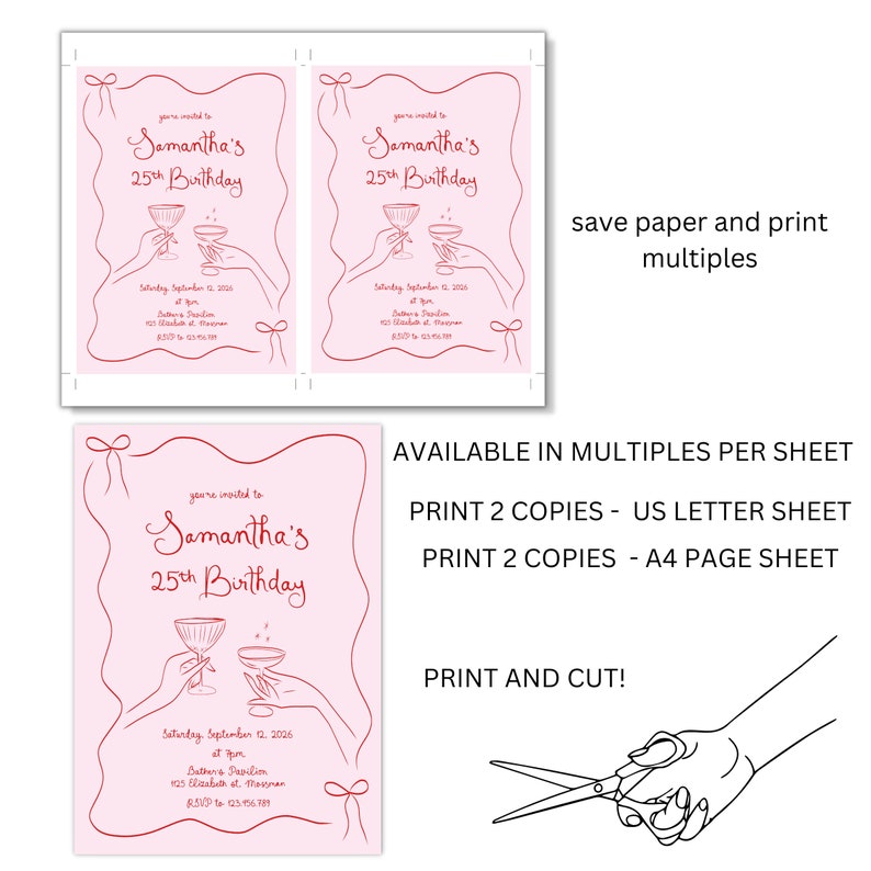 May include: Printable 25th birthday party invitation with a pink background and red text. The invitation features a hand-drawn illustration of two hands holding champagne glasses. The text reads "You're invited to Samantha's 25th Birthday".