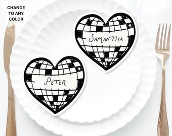 Heart Disco Ball Place Cards Template, Whimsical PlaceCard, Beige Disco Place Card, New years Fancy Bridal shower placecard, disco Hens card