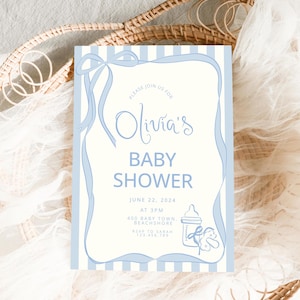 Hand Drawn Baby Shower Invitation Template, Whimsical bow baby shower, Handwritten blue invite Whimsical Baby Brunch Bow Baby Boy invitation